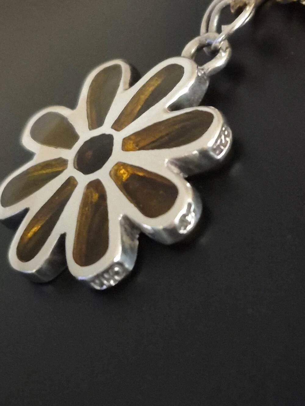 Handmade Sterling Silver Yellow Glass Inlay Daisy Pendant Leather Chain Choker